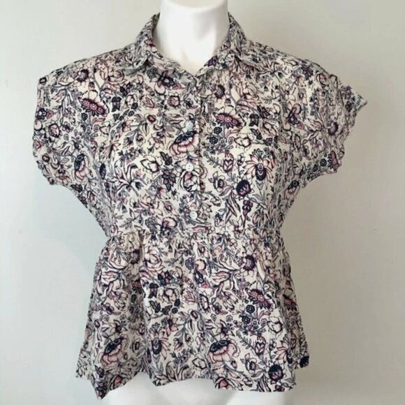NEW RACHEL ZOE Cream Pink Floral 100% Peplum Cropped Short Sleeve Button Down - Picture 2 of 7